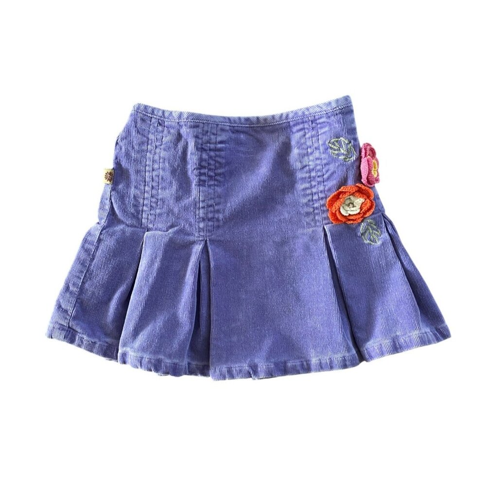 Vintage Paris Blues Pleated Corduroy Skirt with embroidery and crochet flower de